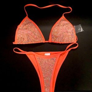 Custom made coral bikini with Swarovski crystals. Brand new, never worn. Size M.